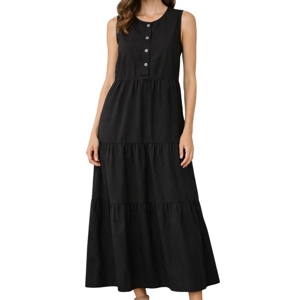Everlane Black Cotton Tiered Sleeveless Maxi Dress Womens Medium Button Front